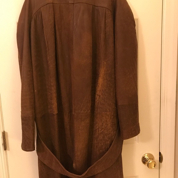 Womens 80s Vintage Long Brown Genuine Leather Coat - Picture 9 of 16